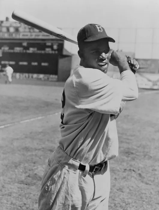 Framed Print : New Brooklyn Dodgers first baseman, Jackie Robinson at batting practice on April 11, 1847, Ebbets Field, New York City
