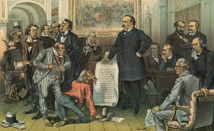 Framed Print : A NEW DECLARATION OF INDEPENDENCE IN THE YEAR 1885. Political cartoon from PUCK Magazine, July 1, 1885