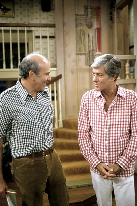 Framed Print : THE NEW DICK VAN DYKE SHOW, from left, screenwriter Carl Reiner, Dick Van Dyke, on-set for One of the Boys, aired September 24, 1973