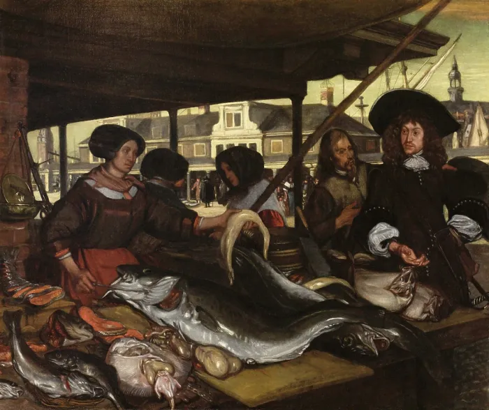 Framed Print : New Fish Market in Amsterdam, by Emanuel de Witte, 1655-92, Dutch painting, oil on canvas. Women vendors in a stall sell an abundant variety of types and sizes (BSLOC_2016_3_182)