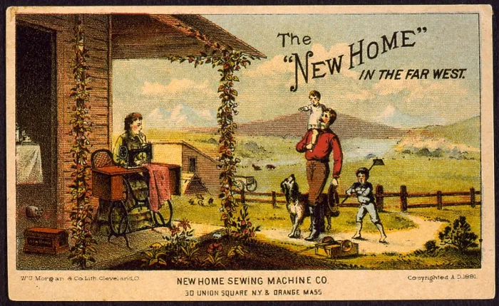Framed Print : The New home in the far west. Trade card, advertising New Home Sewing Machine Co. showing family outside of house. Color lithograph, 1881