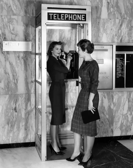 Framed Print : A new model phone booth introduced by Aluminum Company of American made for smaller locations than traditional phone booths, circa 1960s. Courtesy: CSU Archives / Everett Collection