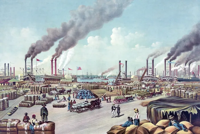 Framed Print : New Orleans- the levee. Riverboats unload cotton and other goods on the levve in New Orleans, Louisiana. Chromolithograph ca. 1884