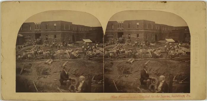 Framed Print : New Pennsylvania Hospital for the Insane, under construction, with many workers posing in foreground, stereo photograph, Pennsylvania, circa 1859