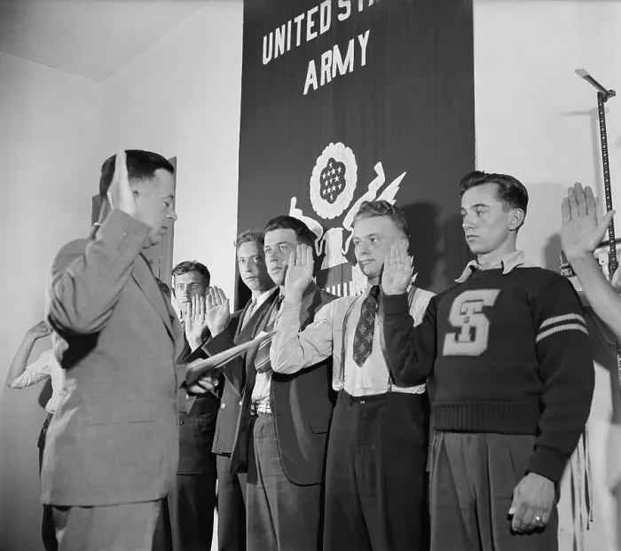 Framed Print : New recruits to the U.S. Army taking their service oath. They were swore in after passing their physicals in Washington, D.C. ca. 1940. (BSLOC_2013_9_221)