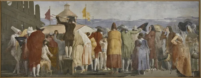 Framed Print : A new world, by Giandomenico Tiepolo, 1791, 18th Century, torn fresco, 205 x 525 cm - Italy, Veneto, Venice, Ca Rezzonico. Whole artwork view