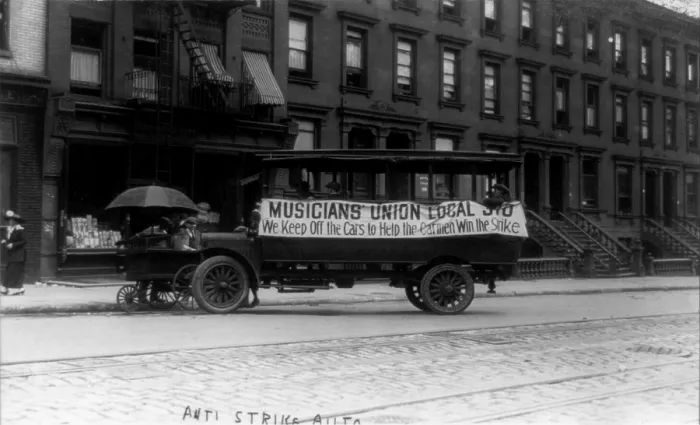 Framed Print : New York City, anti-strike auto, Musicians union van used to boycott New York street cars, photograph, September 23, 1916