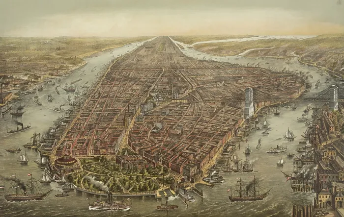 Framed Print : New York City with Battery Park in the foreground and the Brooklyn Bridge at far center right