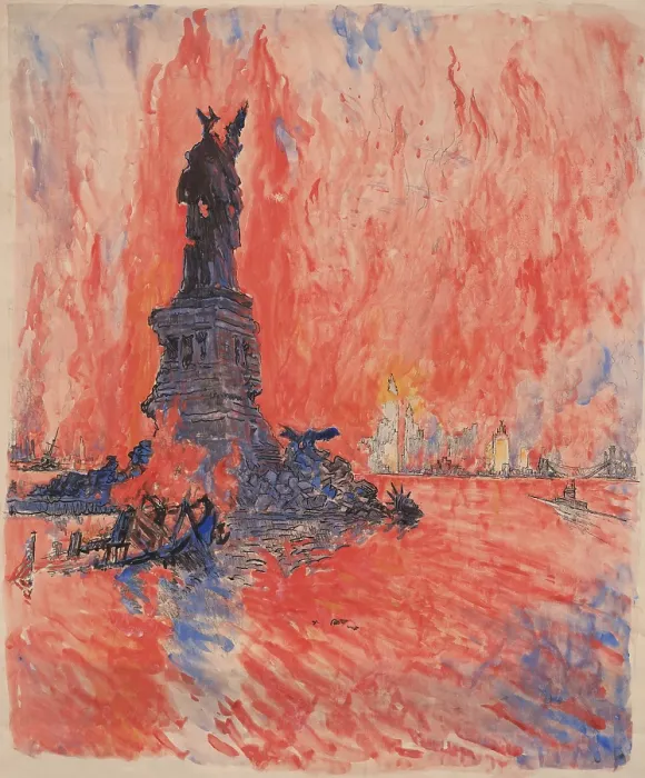 Framed Print : New York City, bombed, shot down, burning, blown up by the enemy, is how artist Joseph Pennell described his 1918 painting for a World War I Liberty Bond drive