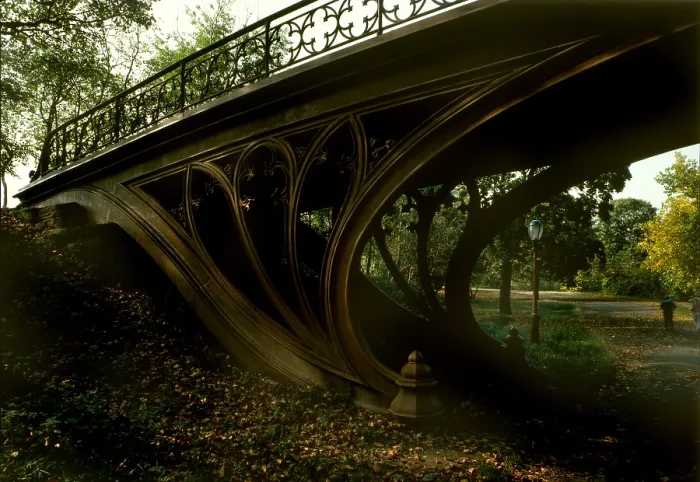 Framed Print : New York City, Central Park's Gothic Arch, view from bridlepath looking northeast showing detail of cast-iron gothic motifs in spandrel, photograph by Jet Lowe, circa 1980s