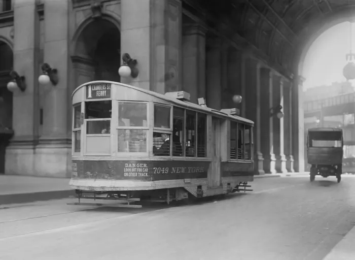 Framed Print : New York City Chambers Street trolley was powered by expensive conduit electric current under the roadway Framed Print : New York City Chambers Street trolley was powered by expensive conduit electric current under the roadway