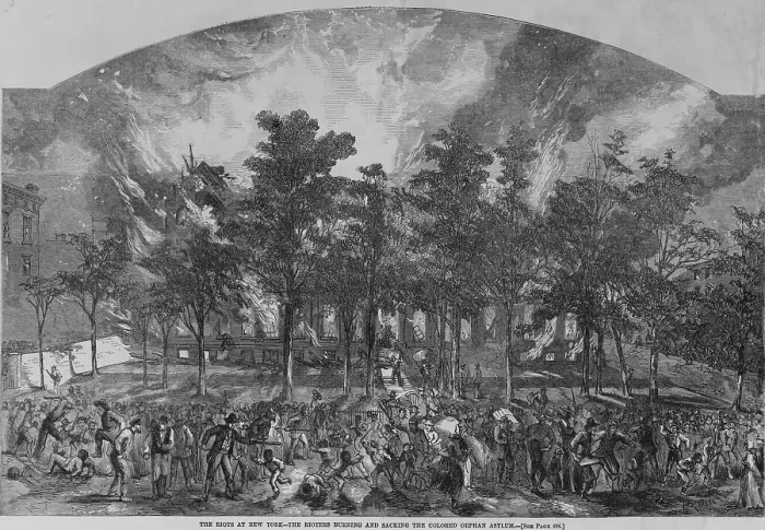 Framed Print : The New York City Draft Rioters burned an African American orphanage after police rescued its young inhabitants. July 11-16, 1863