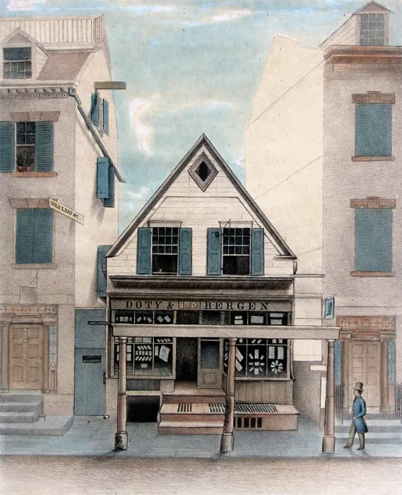 Framed Print : New York City. Exterior view of the Rigging House, 120 William Street, New York City, a 17th century building, formerly a Methodist church in the 1760s