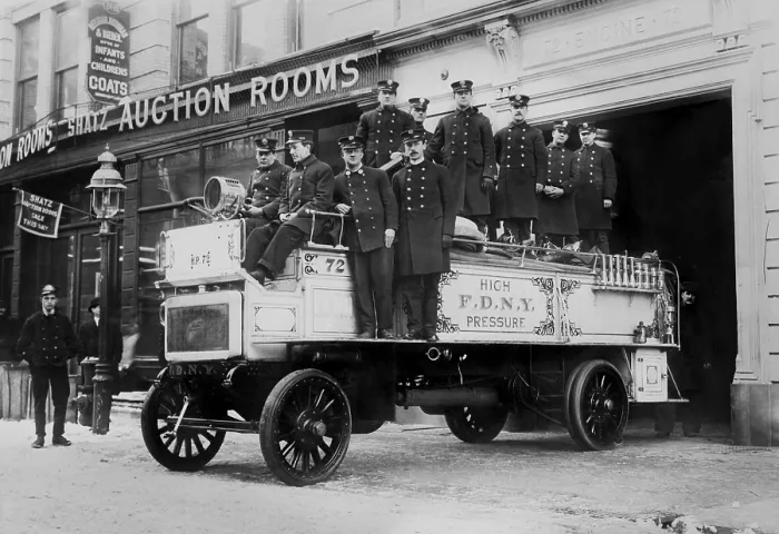 Framed Print : New York City Firemen on their high pressure motorized fire engine, c. 1908-16 (BSLOC_2017_17_100)
