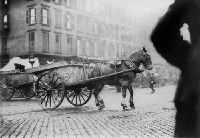 Framed Print : New York City, garbage collector's strike, horse-drawn cart being stoned, driver is hiding inside, photograph, November, 1911