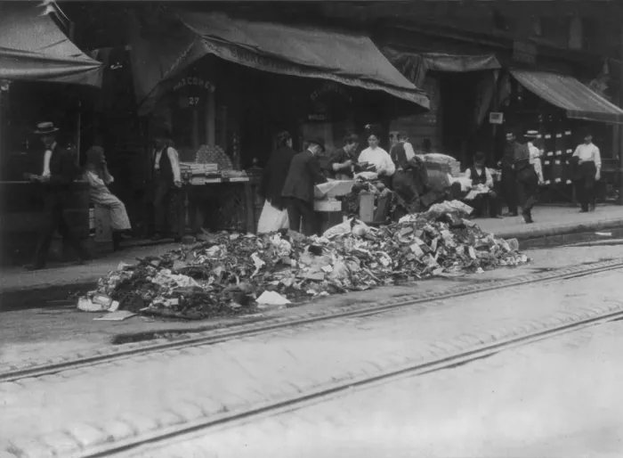 Framed Print : New York City, garbage collector's strike, Piles of garbage on street outside markets at Essex and Hester Streets, photograph, November, 1911 Framed Print : New York City, garbage collector's strike, Piles of garbage on street outside markets at Essex and Hester Streets, photograph, November, 1911