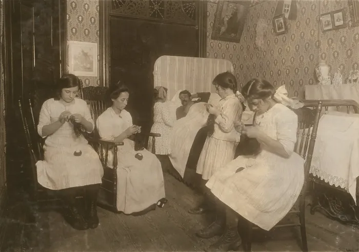 Framed Print : New York City, Italian family crocheting bags. Father sick in bed (not contagious), circa early November, photograph by Lewis Wickes Hine, 1912 Framed Print : New York City, Italian family crocheting bags. Father sick in bed (not contagious), circa early November, photograph by Lewis Wickes Hine, 1912