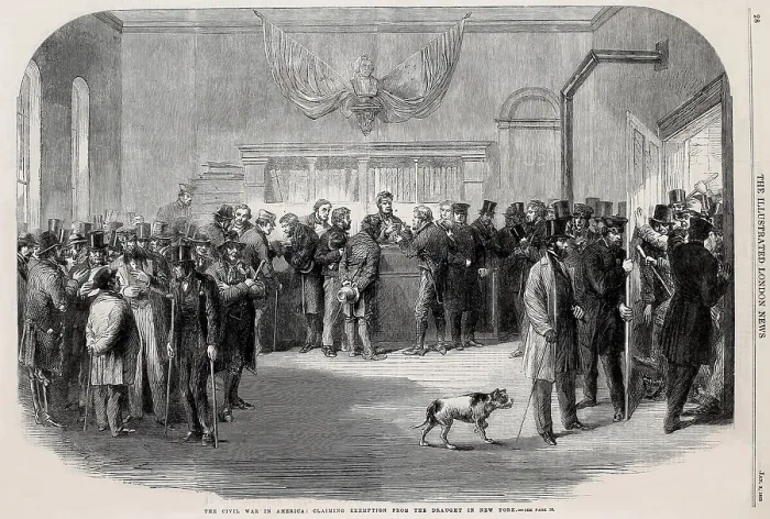 Framed Print : New York City men of the 15th Ward at the offices of the Judge Advocate General to claim exemption from the 1863 Civil War military draft act Framed Print : New York City men of the 15th Ward at the offices of the Judge Advocate General to claim exemption from the 1863 Civil War military draft act