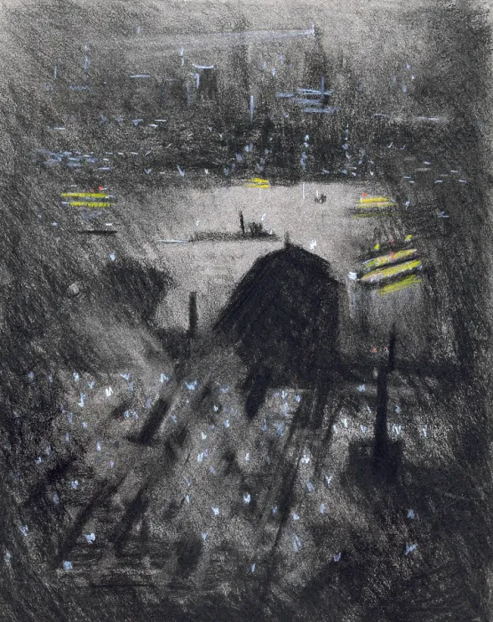 Framed Print : New York City. Night view from above over Weehawken Ferry. Charcoal, watercolor and guache by Joseph Pennell, ca. 1921-1926