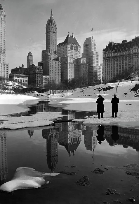 Framed Print : New York City, plaza buildings reflected over park lake, photograph by Samuel H. Gottscho, February 12, 1933 Framed Print : New York City, plaza buildings reflected over park lake, photograph by Samuel H. Gottscho, February 12, 1933