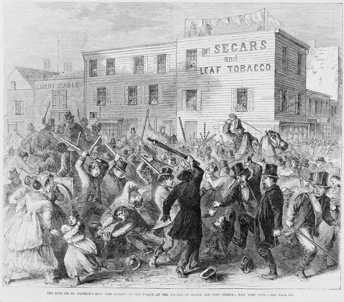 Framed Print : New York City police are attacked by a drunken group of Irish-American men celebrating St. Patrick's Day at the corner of Grand and Pitt Streets in 1867