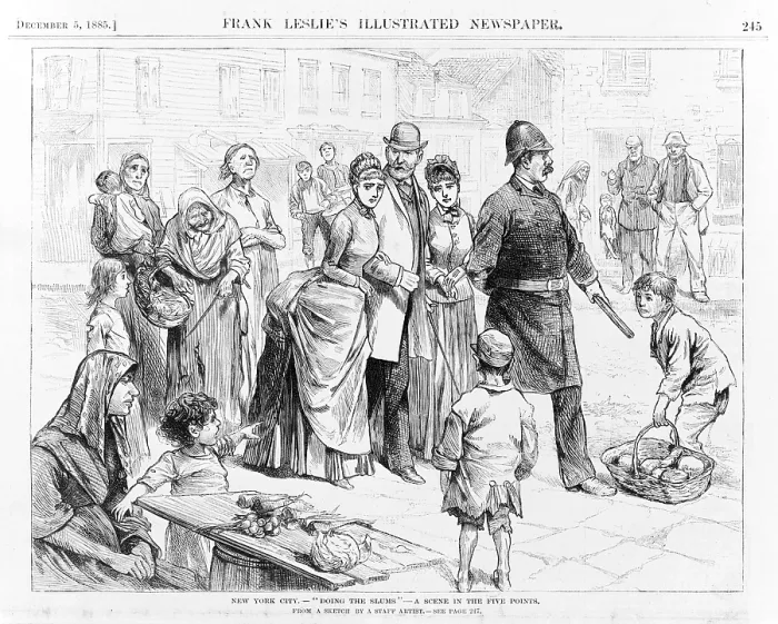 Framed Print : New York City. Among the poor. Policeman leading upper class people through the Five Points neighborhood. 1885