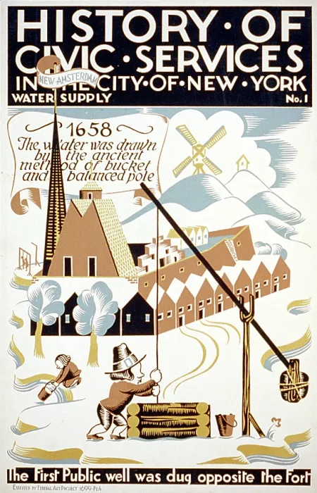 Framed Print : New York City. Poster for Federal Art Project, showing water being drawn from a well outside a fort in New Amsterdam in 1658. Screenprint, Vera Bock, artist, 1936 Framed Print : New York City. Poster for Federal Art Project, showing water being drawn from a well outside a fort in New Amsterdam in 1658. Screenprint, Vera Bock, artist, 1936