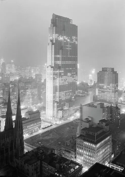 Framed Print : New York City, Rockefeller Center and RCA Building at night, from 515 Madison, photograph by Samuel H. Gottscho, December 5, 1933