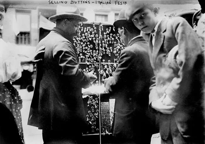 Framed Print : New York City, selling buttons at festival in Little Italy, circa 1908