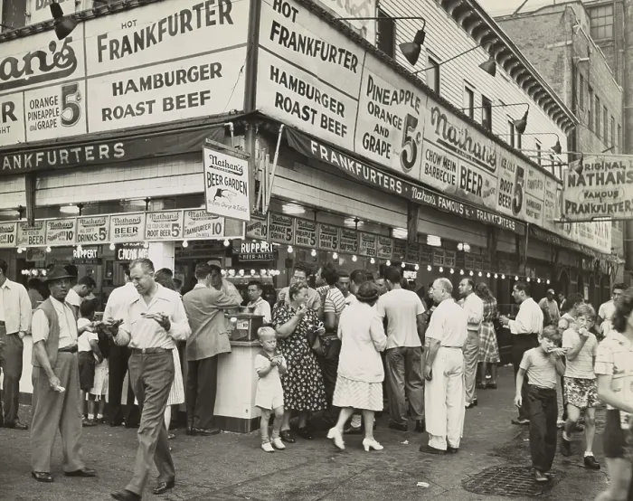 Framed Print : New York City street corner with customers ordering and eating Nathan's Hot Dogs. Aug. 6, 1947. (BSLOC_2014_13_175) Framed Print : New York City street corner with customers ordering and eating Nathan's Hot Dogs. Aug. 6, 1947. (BSLOC_2014_13_175)
