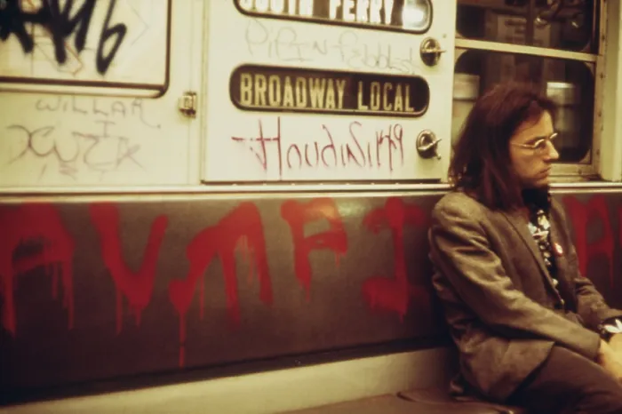Framed Print : New York City Subway car interior covered with spray painted graffiti. May 1973
