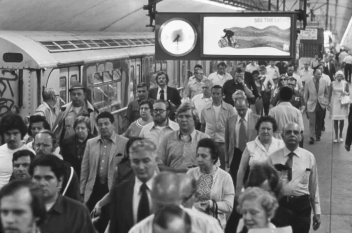 Framed Print : New York City Subway. Passengers exiting a train in the 1970s. Over 2 million people 47 of the 1970s workforce used the subway to get to work. May 1973