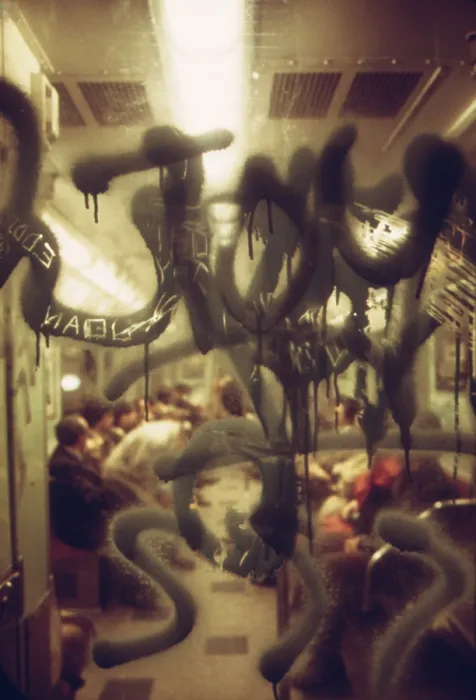 Framed Print : New York City Subway. View through a graffiti fogged window into a New York City subway car. May 1973