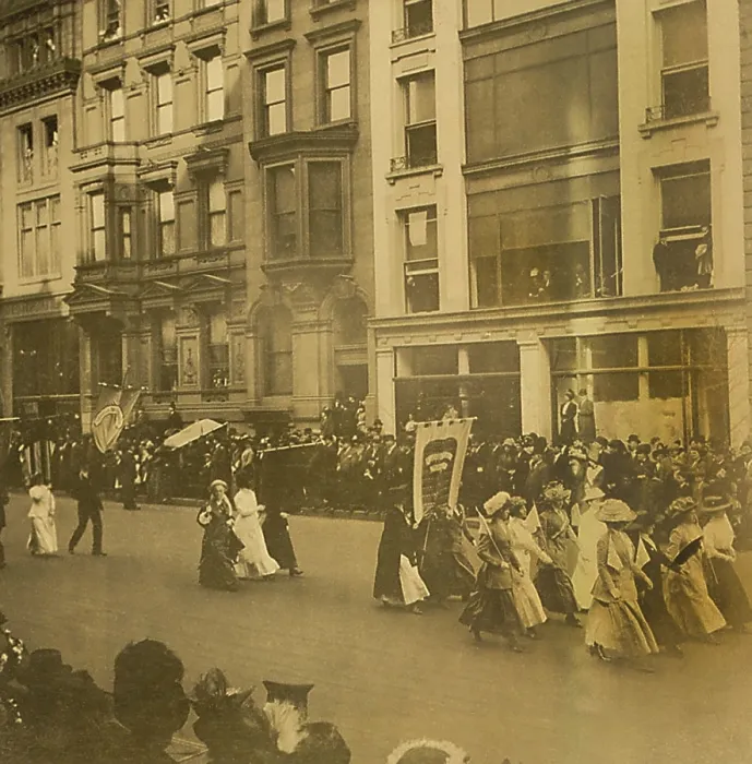 Framed Print : New York City suffrage parade, with crowds along street. Anne Fitzhugh Miller, a prominent reformer, is in the middle group of three women. May 6, 1911