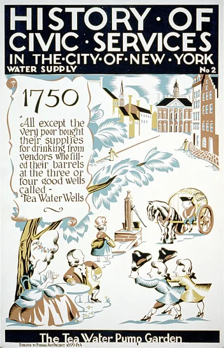 Framed Print : New York City. The tea-water pump garden. Poster for Federal Art Project, showing citizens socializing around water pump in New York in 1750. Screenprint, Vera Bock, artist, 1936