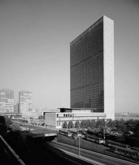 Framed Print : New York City, United Nations Headquarters, United Nations Plaza. GENERAL VIEW OF SECRETARIAT BUILDING AND DAG HAMMARSKJOLD LIBRARY. September, 1966