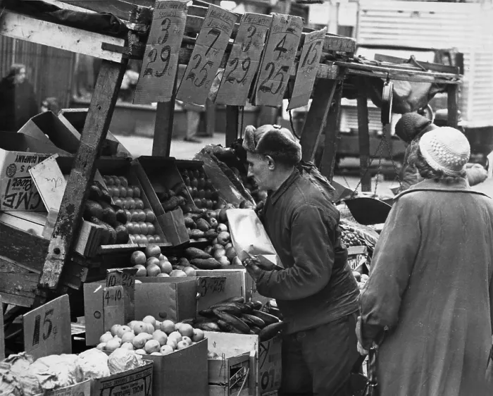 Framed Print : New York City, Vendor selling produce from his pushcart at the Belmont Avenue market, Brooklyn, photograph by Roger Higgins, 1962
