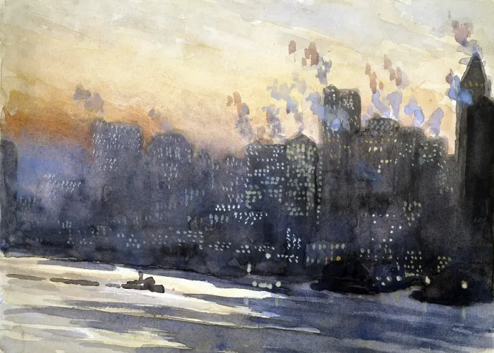 Framed Print : New York City. View across the East River of the New York City skyline at sunset. Watercolor and guache by Joseph Pennell, ca. 1921-1926