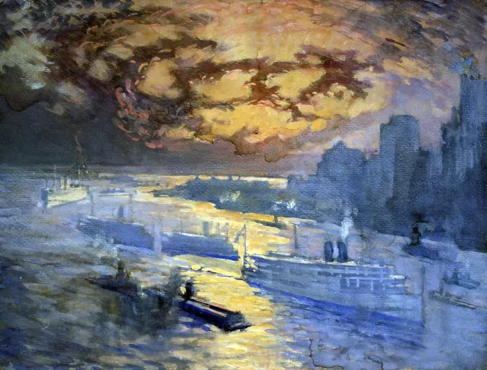 Framed Print : New York City. View of the East River and New York Harbor at sunset. Statue of Liberty in distance. Watercolor and guache by Joseph Pennell, ca. 1921-1926