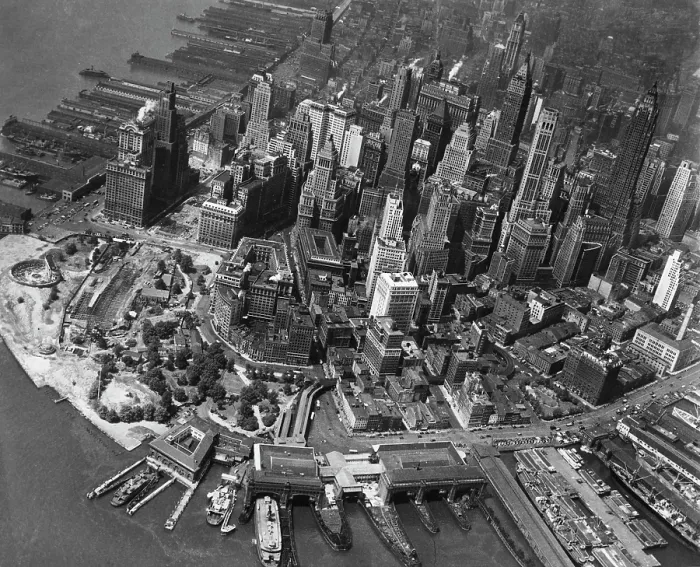 Framed Print : New York City, view of the financial district in downtown Manhattan, taken from a blimp flying at 1500 ft.above the city, 6 / 30 / 1947. CSU Archives / Everett Collection Framed Print : New York City, view of the financial district in downtown Manhattan, taken from a blimp flying at 1500 ft.above the city, 6 / 30 / 1947. CSU Archives / Everett Collection