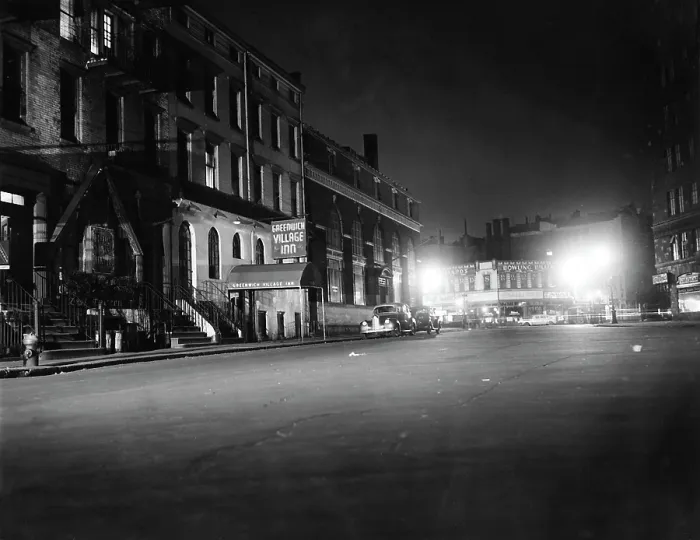 Framed Print : New York City, view of Sheridan Square & the Greenwich Village Inn, during a curfew due to a fuel shortage brought on by a tugboat strike, February 11, 1945