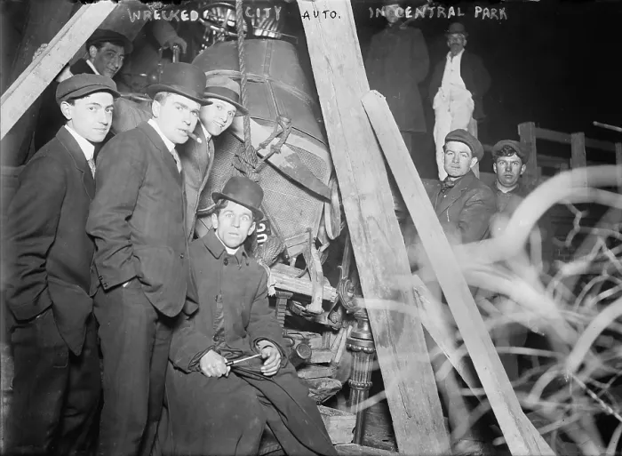 Framed Print : New York City, wrecked city auto in Central Park, circa 1910-1915