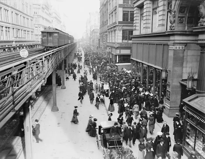 Framed Print : New York City's Sixth Avenue crowded with shoppers in 1903. Horse drawn carriages and wagons travel on the street level as an elevated train passes above. LC-D4-9145 Framed Print : New York City's Sixth Avenue crowded with shoppers in 1903. Horse drawn carriages and wagons travel on the street level as an elevated train passes above. LC-D4-9145