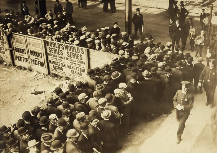 Framed Print : New York Giants baseball fans line up at 7 AM to buy World Series tickets, 1911 or 1912 (BSLOC_2018_4_112) Framed Print : New York Giants baseball fans line up at 7 AM to buy World Series tickets, 1911 or 1912 (BSLOC_2018_4_112)