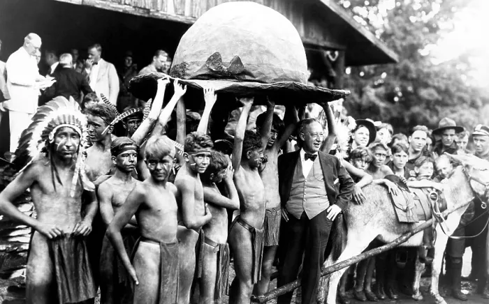 Framed Print : New York Governor Alfred E. Smith (right of center). While visiting New York Boy Scouts, Smith is presented with a giant brown derby, Bear Mountain New York, July 18, 1928