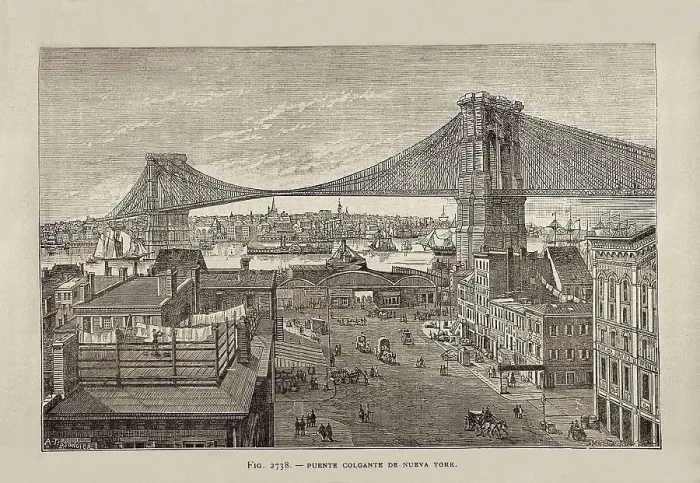 Framed Print : New York. Hanging bridge. Illustration of the 'Diccionario de Arquitectura e Ingeniera' by Pelayo Clairac y Senz (1879). Etching. SPAIN. Madrid