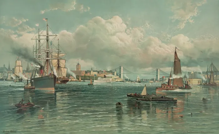 Framed Print : New York Harbor with the Brooklyn Bridge in the background, 1887. Steamships, sailboats, and small craft move through the water (BSLOC_2018_2_161) Framed Print : New York Harbor with the Brooklyn Bridge in the background, 1887. Steamships, sailboats, and small craft move through the water (BSLOC_2018_2_161)