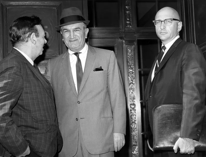 Framed Print : NEW YORK: Long-missing Mafia leader Joseph (Joe Bananas) Bonanno (center) Framed Print : NEW YORK: Long-missing Mafia leader Joseph (Joe Bananas) Bonanno (center)