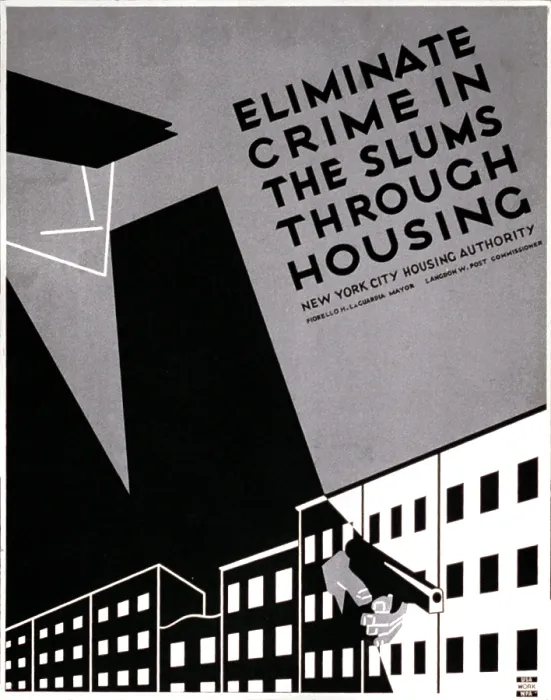 Framed Print : New York, Poster promoting planned housing as a method to deter crime in the slums, showing stylized man holding a gun against a backdrop of tenement buildings