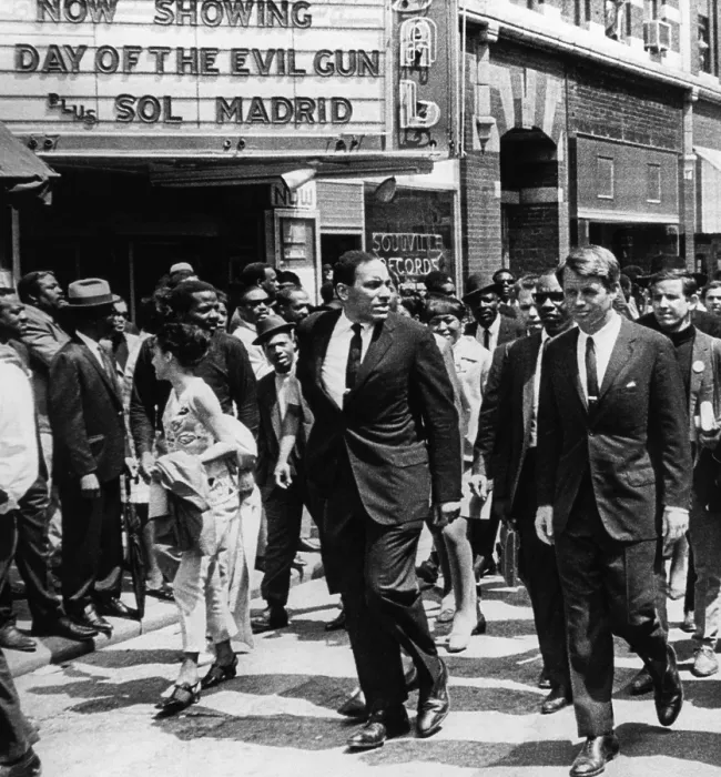 Framed Print : New York Senator Robert Kennedy (right), marching in the funeral procession honoring fallen civil rights leader Dr. Martin Luther King, Jr. April 9, 1968